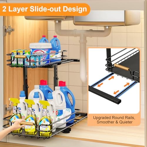 Under Sink Organizer for Kitchen and Bathroom, Metal Sliding Drawer, 2 Tier Storage - Black (2 Pack)
