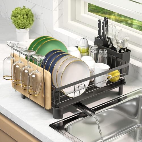 Stainless Steel Dish Drying Rack, Space-Saving with Utensil Holder, Black