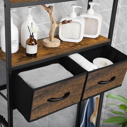 Rustic Brown ETELI Over Toilet Storage Cabinet with Fabric Drawers