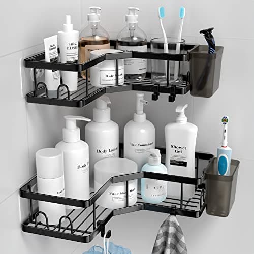 Stainless Steel Adhesive Corner Shower Caddy, 2 Pack, Hooks & Toothpaste Holder