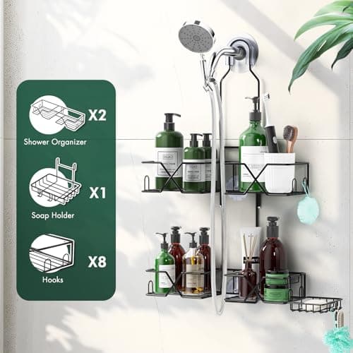 Upgraded Hanging Shower Caddy with Hooks & Soap Holder, Adjustable Height Rack