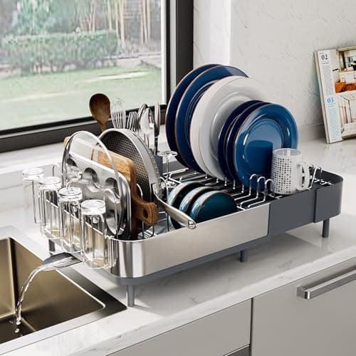 Expandable Dish Drying Rack for Kitchen Counter, Stainless Steel with Extendable Spout