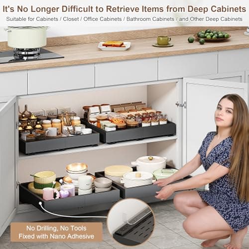 Black Expandable Cabinet Organizer (11"-16" W, 17"-24" D), 3 Rails, Rollout Drawers, No Drill Shelves, Kitchen & Pantry