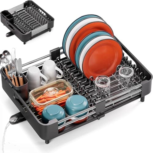 Extendable Gray Dish Drying Rack with Drainboard & Cutlery Holder