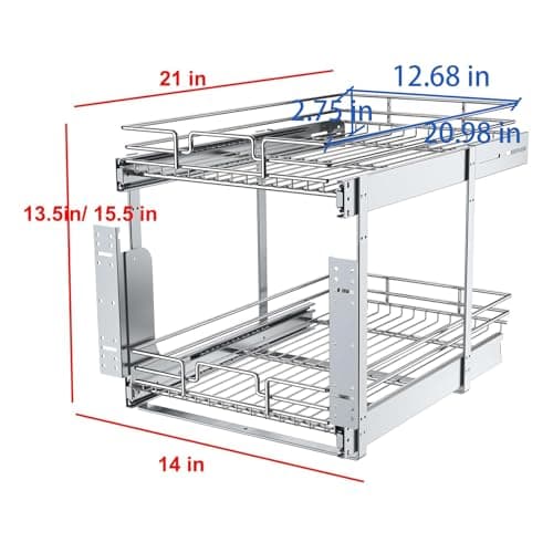 2-Tier Heavy-Duty Metal Pull-Out Cabinet Organizer, Chrome, 14" W x 21" D