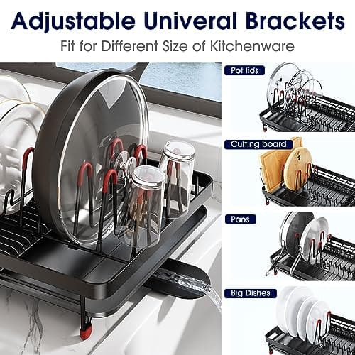 Expandable Dish Drying Rack for Kitchen Counter - 16.5 to 27 with Cutlery & Pan Holders, Anti-Rust Drainboard