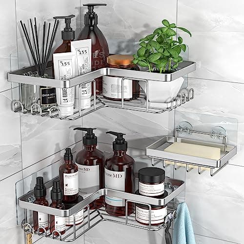 YASONIC Rustproof 3-Pack Adhesive Shower Caddy, 12 Hooks, Soap Holder, Brushed Silver
