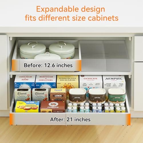 2 Pack Expandable White Pull Out Cabinet Organizers, 12.6''-21'' Width, 21'' Deep, Kitchen & Bathroom Storage