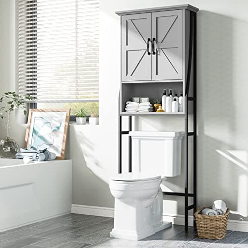 Gray Over the Toilet Organizer with Barn Doors and Storage Cabinet