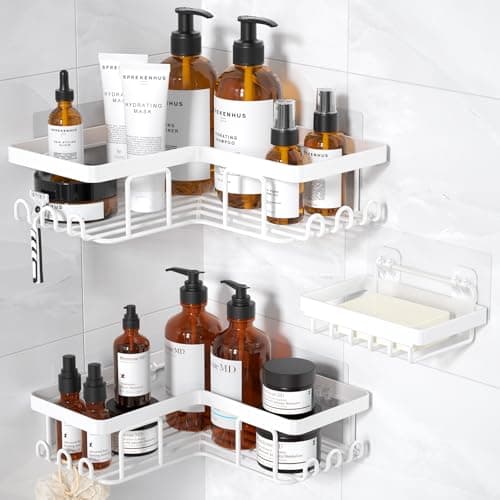 YASONIC Rustproof 3-Pack Adhesive Shower Caddy, 12 Hooks, Soap Holder, Brushed Silver