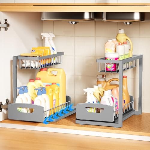 2 Pack Under Sink Metal Cabinet Organizer Shelf with Sliding Drawer, Kitchen & Bathroom Storage