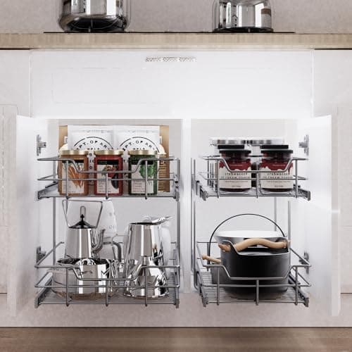 Chrome Plated 2 Tier Pull Out Kitchen Cabinet Organizer, Heavy Duty Drawers, 17" W X 22" D