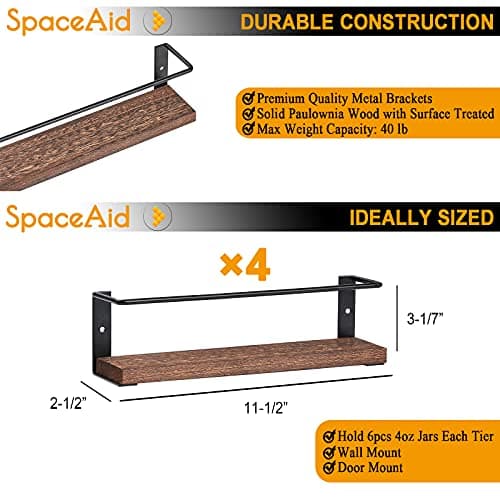 SpaceAid Spice Rack Organizer (4 Pack) for Cabinets or Wall with Labels - Wood Seasoning Shelf for Pantry