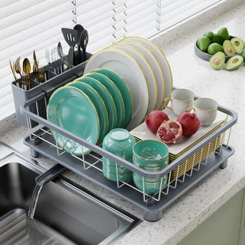Space-Saving Dish Drying Rack with Drainboard and Removable Utensil Holder - Gray