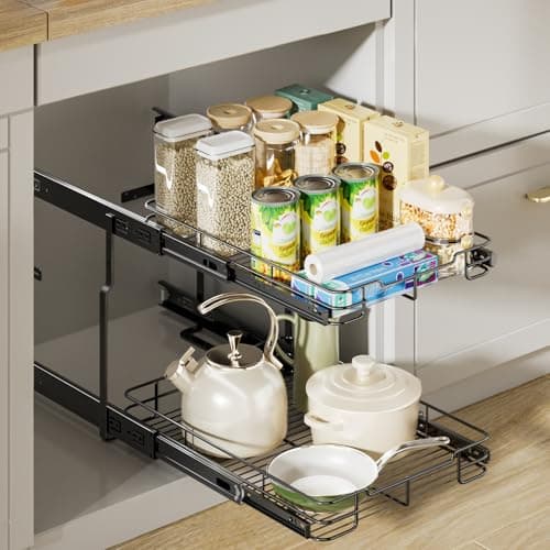 Delamu 2-Tier Pull Out Shelf for Kitchen Cabinet, Pantry, Bathroom (14" W x 21" D)