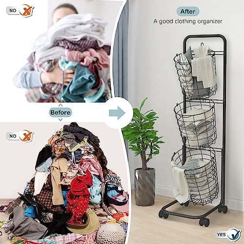 3-Tier UYOYOUS Laundry Basket on Wheels - Large Clothing Storage