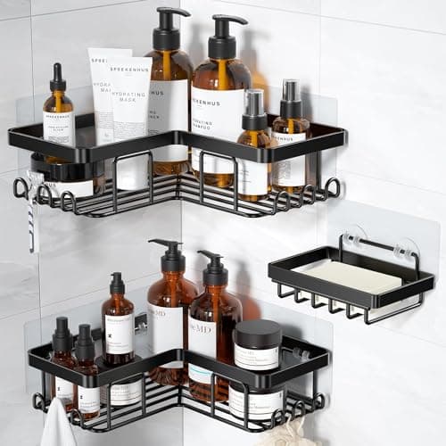 YASONIC Rustproof 3-Pack Adhesive Shower Caddy, 12 Hooks, Soap Holder, Brushed Silver