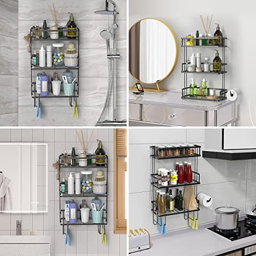 3-Tier Over-The-Toilet Storage Shelf with Hooks - Punch-Free Bathroom Organizer, Black