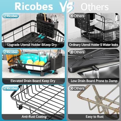 2-Tier Large Capacity Dish Drying Rack with Drainboard & Removable Utensil Holder, Black
