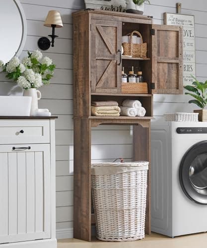 Rustic Brown Over the Toilet Cabinet, 67" Tall, Adjustable Shelf, Barn Door