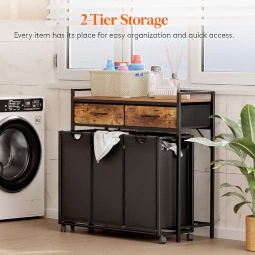 Lifewit Large Rolling Laundry Sorter with Shelf & Drawers, Rustic Brown and Black