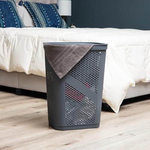 60L Slim Laundry Hamper with Lid, Ventilated Gray Plastic