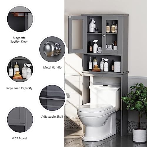 Meilocar Grey Over Toilet Storage Cabinet with Glass Doors