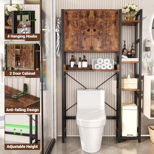 Rustic 7-Tier Over-the-Toilet Storage Cabinet with Adjustable Shelf & 4 Hooks