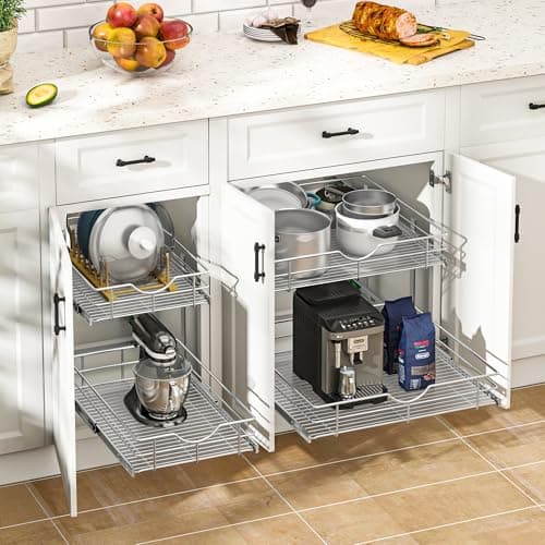 WelFurGeer 2-Tier Stainless Steel Cabinet Organizer with Soft Close Slides and Chrome Wire Basket