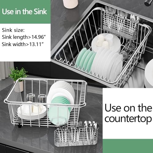 Adjustable 304 Stainless Steel Sink Dish Drier Rack with Utensil Holder