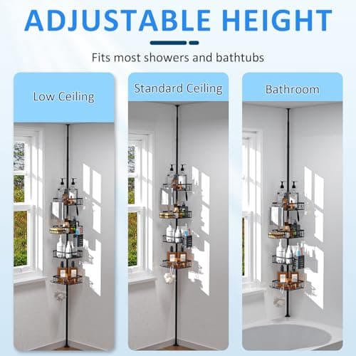 Rustproof 34-101 Inch Corner Shower Caddy with 4 Tier Organizer & Tension Pole - Black