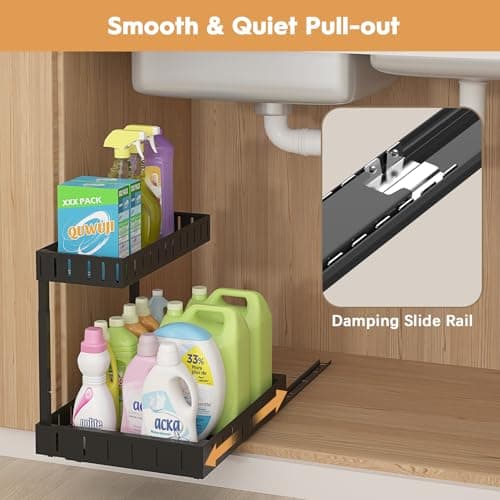 REALINN 2 Tier Expandable Under Sink Organizer, Adjustable & Black, 2 Pack