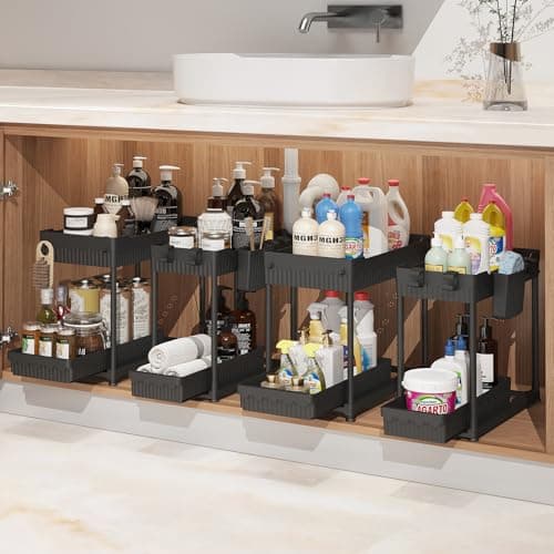 2 Pack Under Sink Organizer, Black: Hooks & Cups for Multi-Purpose Storage