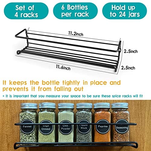 Wall-Mounted 4-Piece Spice Rack Organizer for Jars and Seasonings, Screw or Adhesive Installation for Kitchen Cabinet or Pantry Door