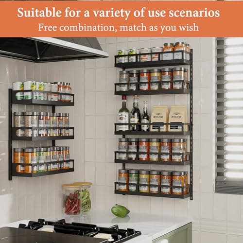 X-cosrack 5-Tier Height-Adjustable Wall Mount Spice Rack Organizer for Kitchen Pantry - Dual-Use Seasoning Holder with Hooks, Black