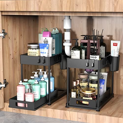 2-Pack Heavy-Duty Under Sink Organizers with Sliding Drawers for Kitchen and Bathroom - Black (12 x 8.7 x 15.7 inches)