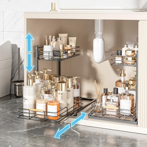 Delamu Height Adjustable Under Sink Organizer, 2 Pack Storage Shelf for Kitchen & Bathroom