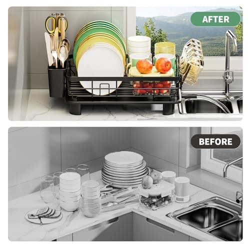 Large Drainboard Rack for Kitchen Counter - 4 Slots, Knife Fork Holder, Cup Organizer, Durable Black Steel