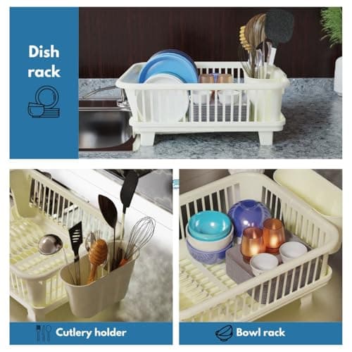 Space-Saving 3PC Large Plastic Dish Drying Rack with Cutlery Holder
