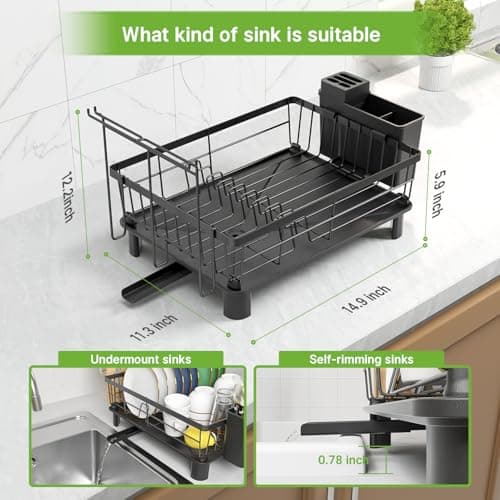 Stainless Steel Dish Drying Rack, Space-Saving with Utensil Holder, Black
