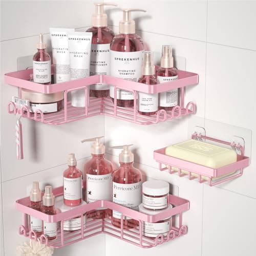 YASONIC Rustproof 3-Pack Adhesive Shower Caddy, 12 Hooks, Soap Holder, Brushed Silver