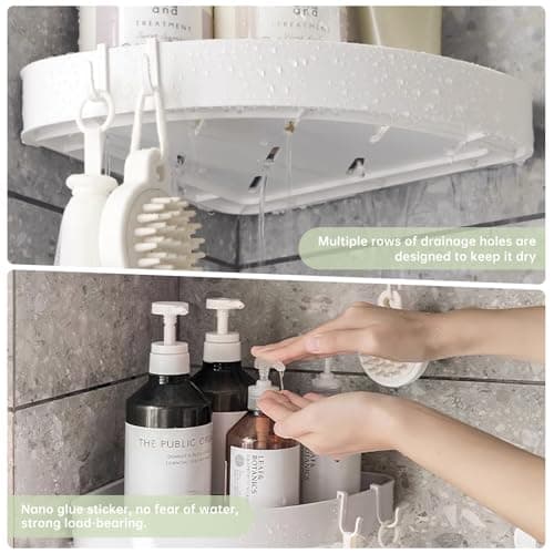 2 Pack Adhesive White Corner Shower Caddy, Rustproof Plastic Shelving with 4 Hooks, Space-Saving Bathroom Organizer