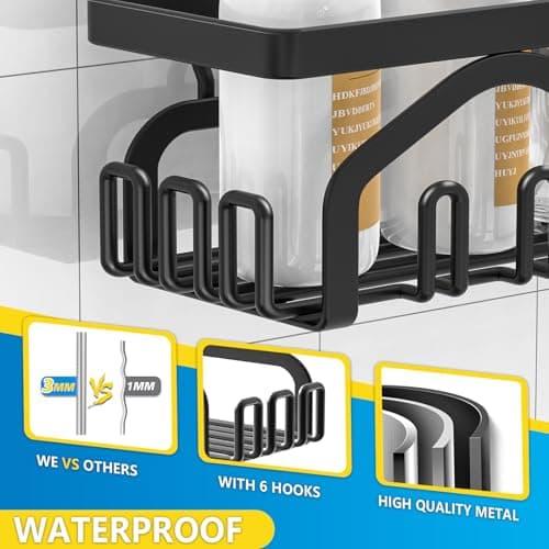Coraje 5-Pack Adhesive Shower Organizer, Large Capacity, Rustproof (Black)