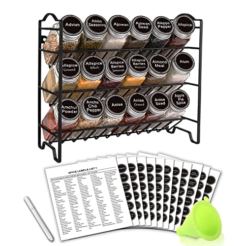 SWOMMOLY Spice Rack Organizer with 18 Square Jars, 396 Labels, Black