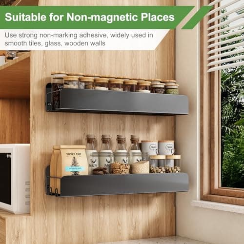 Kitstorack 2-Pack Wall-Mount Spice Rack with Adhesive - 15.7 Organizer for Smooth Walls, Black