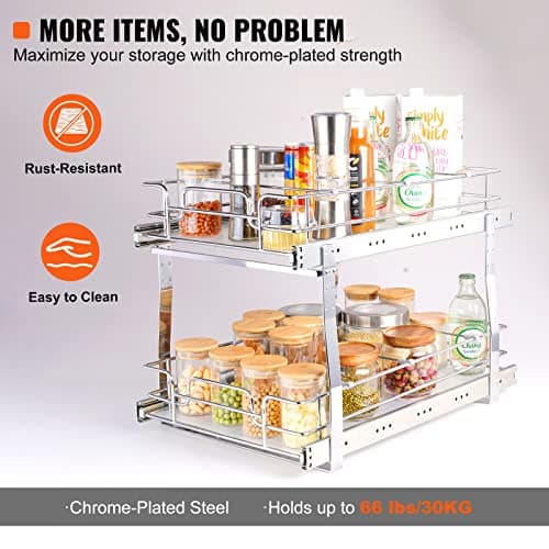 VEVOR Heavy Duty 2 Tier Pull Out Cabinet Organizer, Chrome-Plated Steel Drawer, 15"x22"x16"