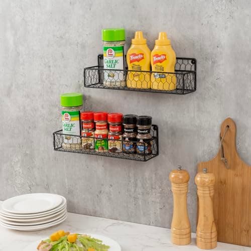 MyGift 12-Inch Black Chicken Wire Wall Mount Spice Rack, Set of 2