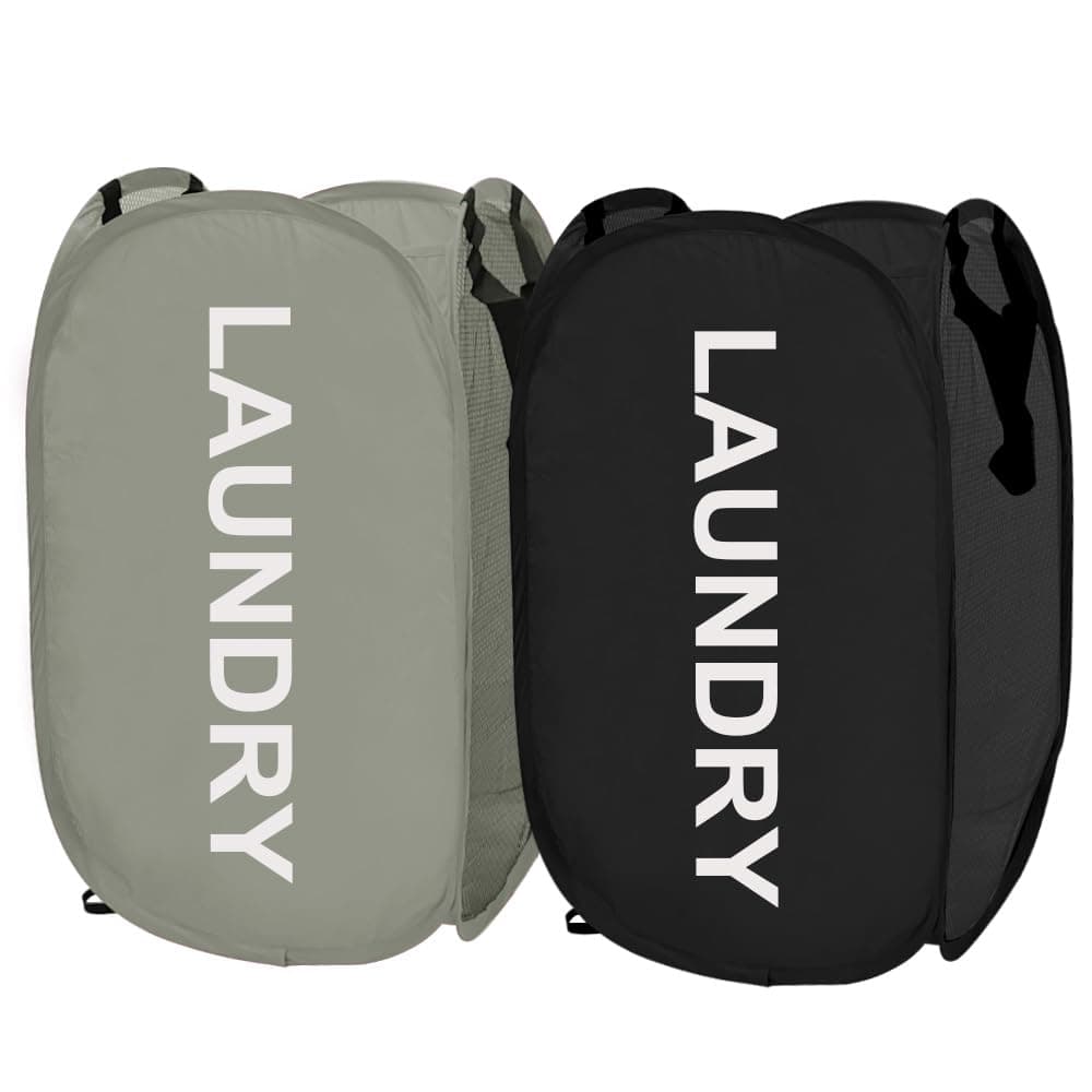 Larpur Pop Up Laundry Baskets, 2 Pack Mesh Hampers (Black + Gray)