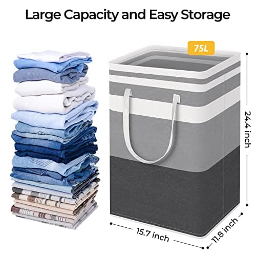HomeHacks 3-Pack 75L Waterproof Laundry Baskets, Collapsible with Extended Handles, Gradient Grey