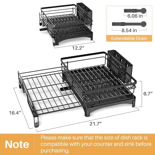 Extendable Stainless Steel Dish Drying Rack with Utensil Holder for Kitchen Counter (Black)